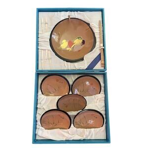 Vintage Japanese Bird & Bamboo Lacquer Plate Chopstick Boxed Set